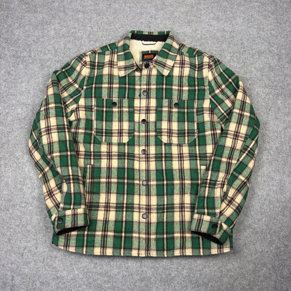 Bass Outdoor Mens Green Plaid Sherpa Lined Snap Front Shirt Jacket Size M